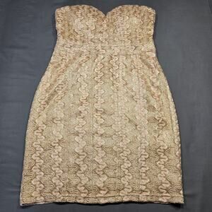 Forever21 Gold Tan Mini Dress Strapless Geometric Glittery Lace Women Size M Zip